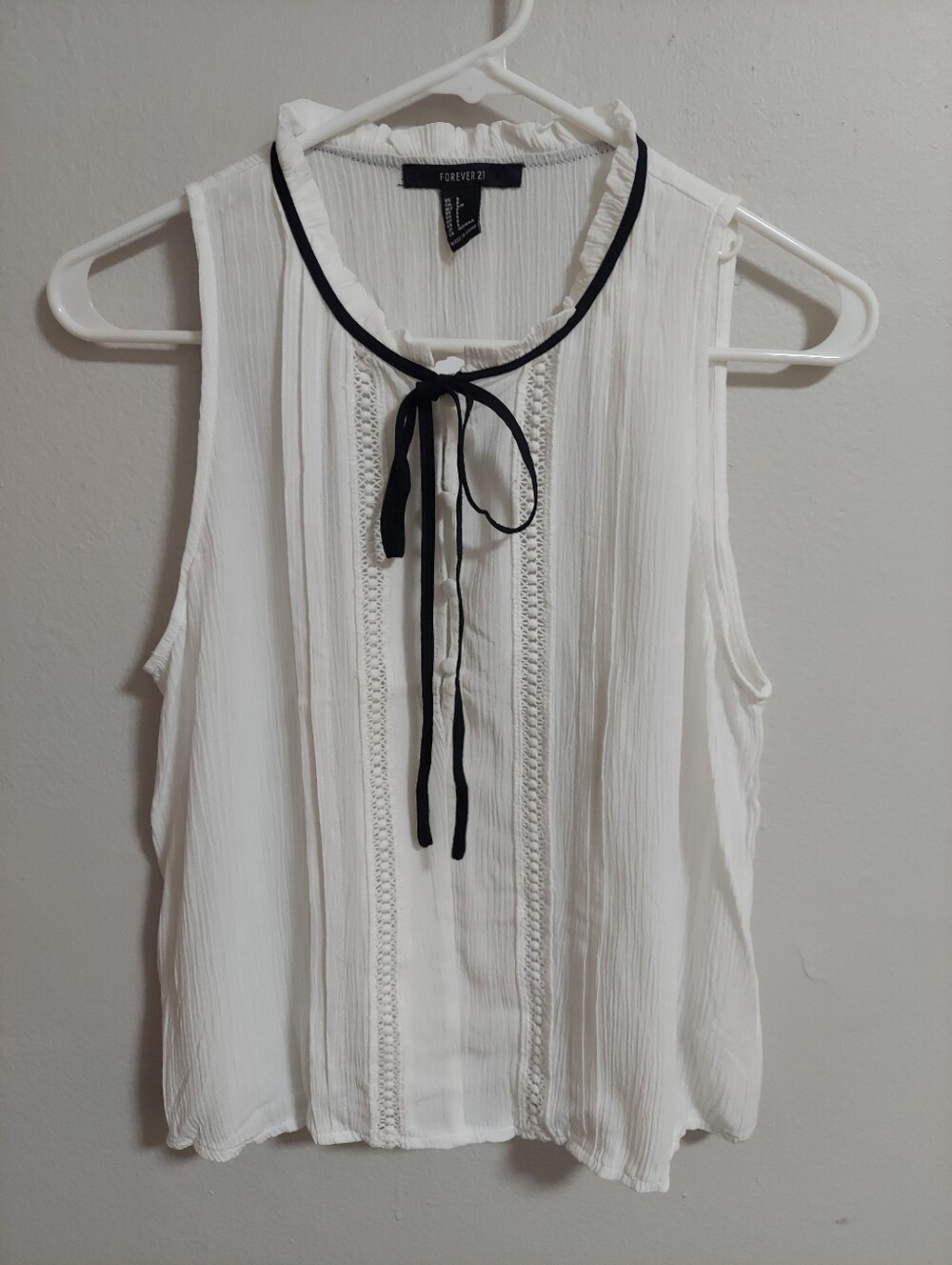 Forever 21 White Sleeveless Tie-Neck Camisole with Black Trim